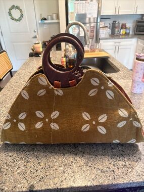 Mustard Floral-Print Satchel with Wooden Ring Handles